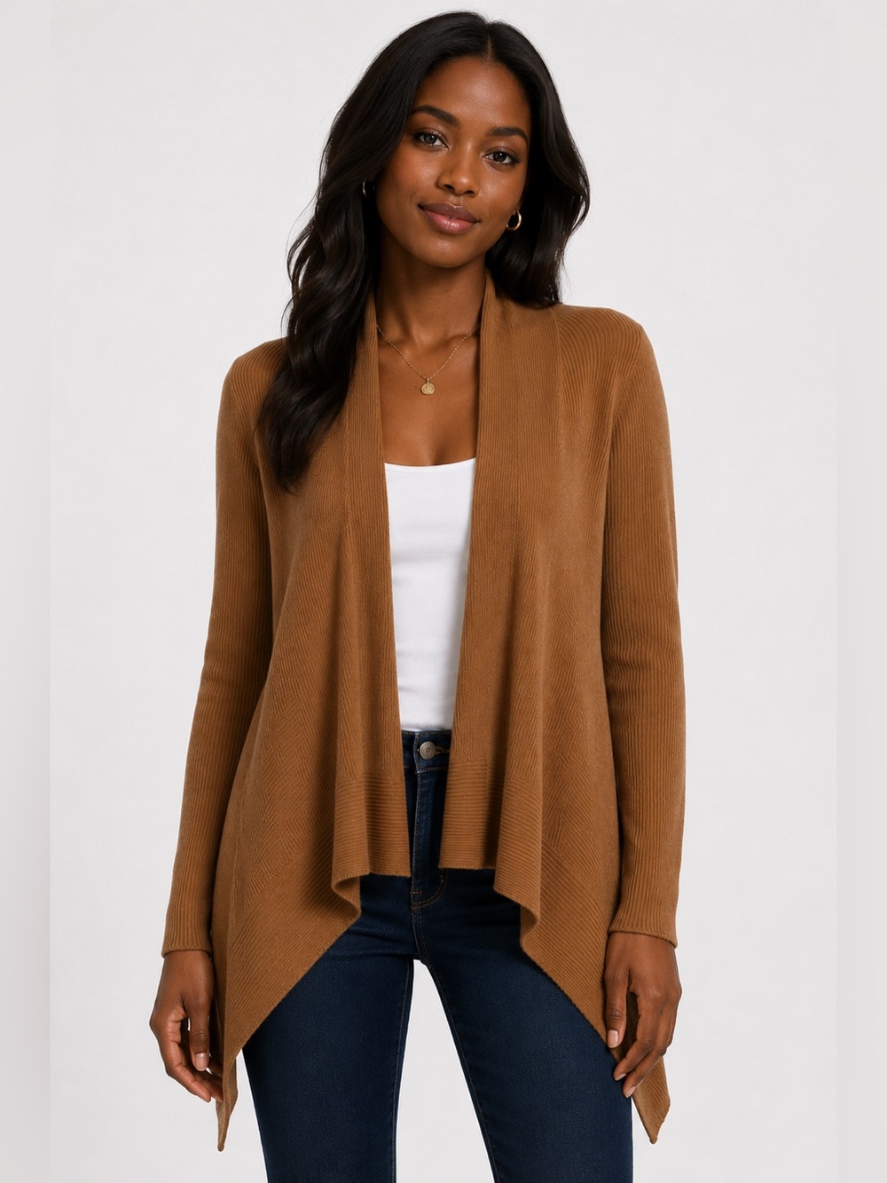 Dreamers by Debut Ribbed Waterfall Open Front Cardigan Camel Brown Small S